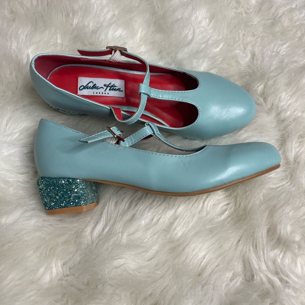 Lulu Hun blue t strap glitter heel shoes UK4